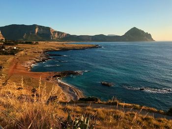 Scenic view of sea against clear sky