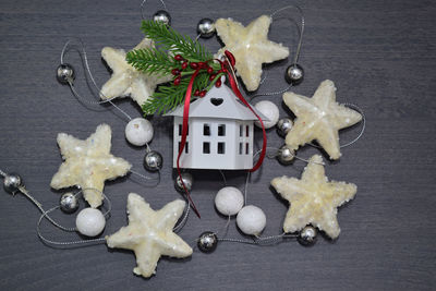 High angle view of christmas decorations on table