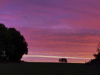 Silhouette trees on field against romantic sky at sunset