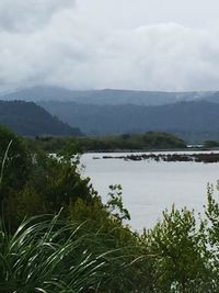 Scenic view of lake against cloudy sky