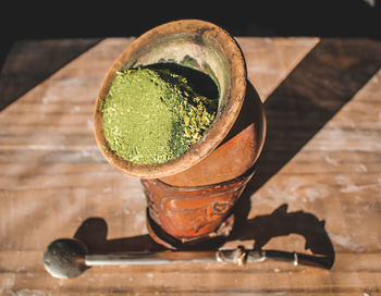 High angle view of drink on table