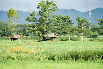 Built structure on field against sky