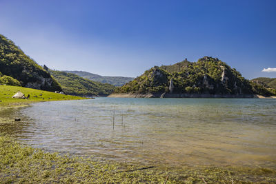 Scenic view of sea against clear blue sky