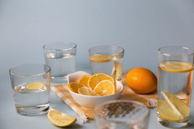 Close-up of fruits in glass on table