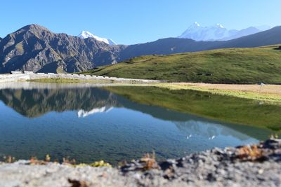 Scenic view of lake and mountains against sky