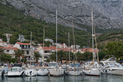 Boats moored at harbor