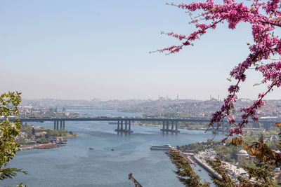 View of bridge over river in city