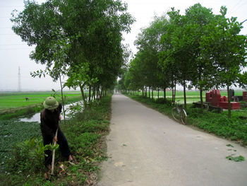 Woman walking on road amidst trees