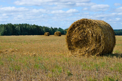 Hay bales on field against sky