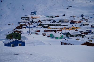 Aerial view of houses in snow