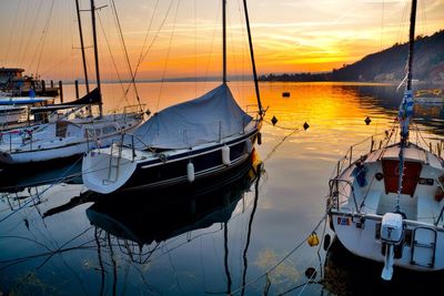 Boats moored at harbor