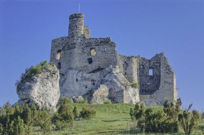 Low angle view of old building against clear blue sky