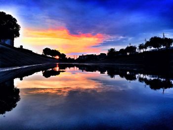 Reflection of trees in water at sunset