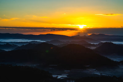 Scenic view of silhouette mountains against sky during sunset