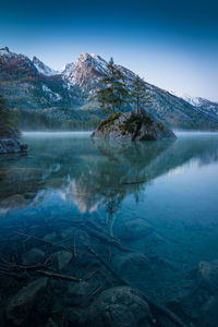 Dawn at the mountain lake hintersee in the alps of bavaria