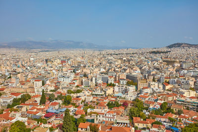 High angle view of townscape against clear sky