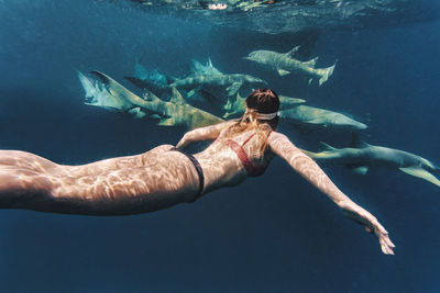 Woman swimming with nurse sharks in sea