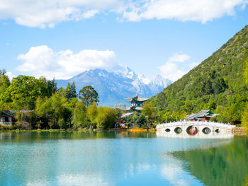 Scenic view of lake and mountains against sky