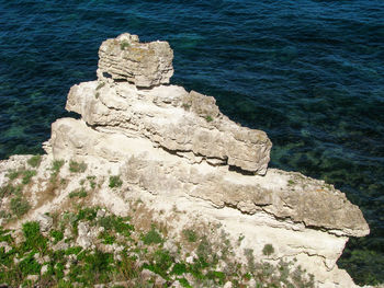 High angle view of rock formation on sea shore