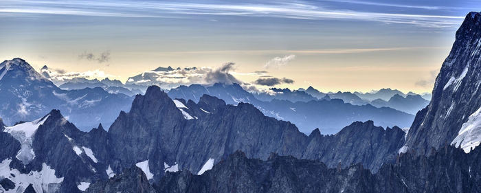 Panoramic view of snowcapped mountains against sky during sunset