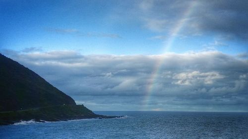 Scenic view of rainbow over sea against sky