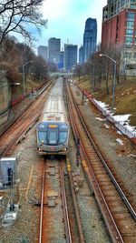 Railroad track at railroad station platform