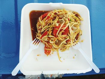 High angle view of pasta in plate on table