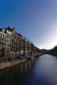 River amidst buildings against clear blue sky