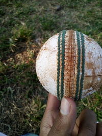 Close-up of hand holding ice cream cone on field