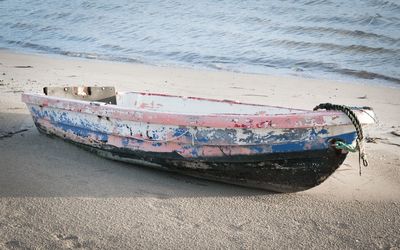 Abandoned boat moored on beach