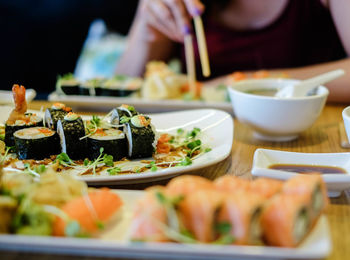 Close-up of served food on table