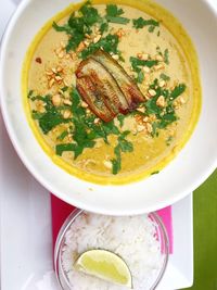 High angle view of soup in bowl on table
