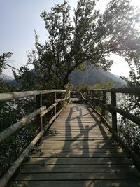 Footbridge amidst trees against sky