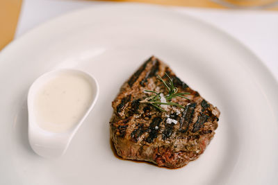 High angle view of food in plate on table