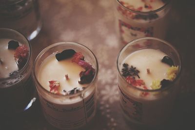 High angle view of drinks on table