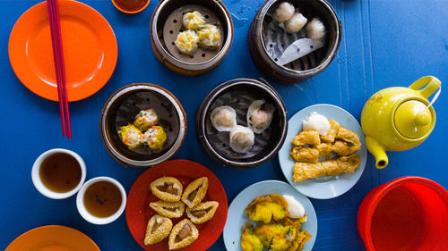 High angle view of breakfast on table