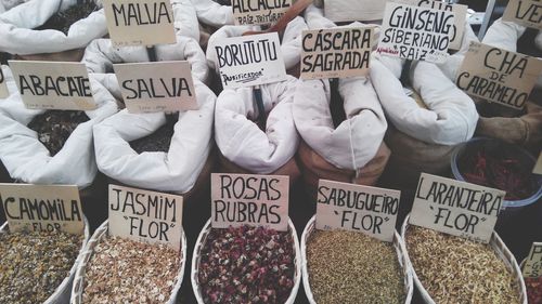 Close-up of various for sale at market stall