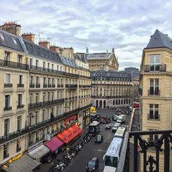 High angle view of city street and buildings against sky