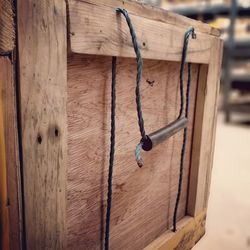 Close-up of wooden box indoors