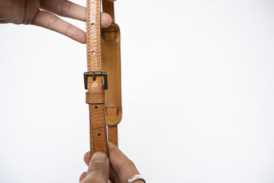 Close-up of hand holding wood against white background