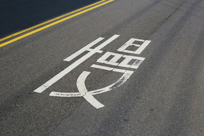 High angle view of road sign on street