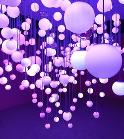 Close-up of illuminated lights hanging on ceiling