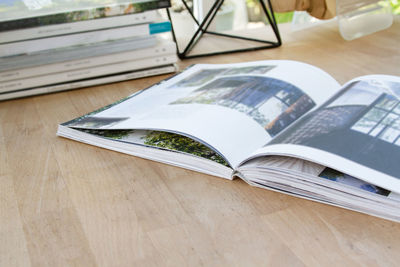 High angle view of open book on table