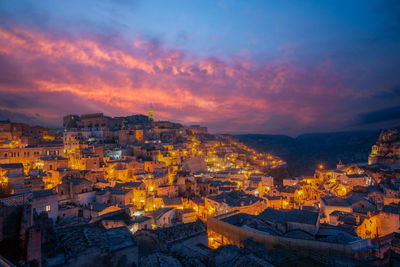 The old town of matera, basilicata, southern italy during a beautiful sunset.  