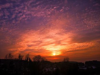 Silhouette trees against dramatic sky during sunset