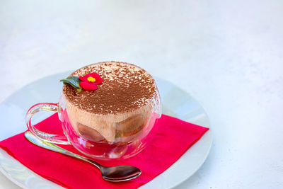 High angle view of dessert in plate on table