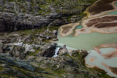 High angle view of stream amidst rocks in forest