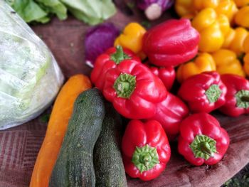 Close-up of red bell peppers for sale in market