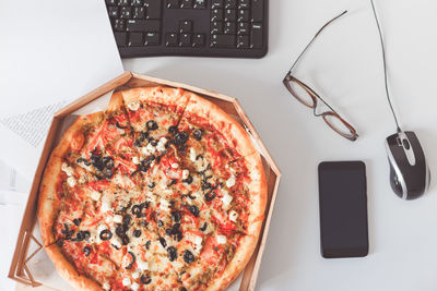 High angle view of pizza on table