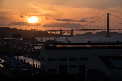 Suspension bridge over sea against sky during sunset